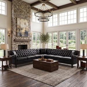 English Elm Pu Leather Tufted L Shaped Sectional with Nailhead Trim and Birch Legs for Living Room W680S00234