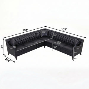 English Elm Pu Leather Tufted L Shaped Sectional with Nailhead Trim and Birch Legs for Living Room W680S00234