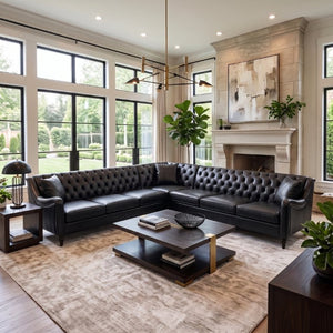 English Elm Pu Leather Tufted L Shaped Sectional with Nailhead Trim and Birch Legs for Living Room W680S00234