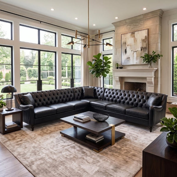 English Elm Pu Leather Tufted L Shaped Sectional with Nailhead Trim and Birch Legs for Living Room W680S00234