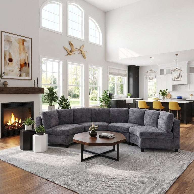English Elm 4‑Seater Curved Modular Sectional with Chenille Upholstery and Solid Wood Frame Dark Gray W680S00241