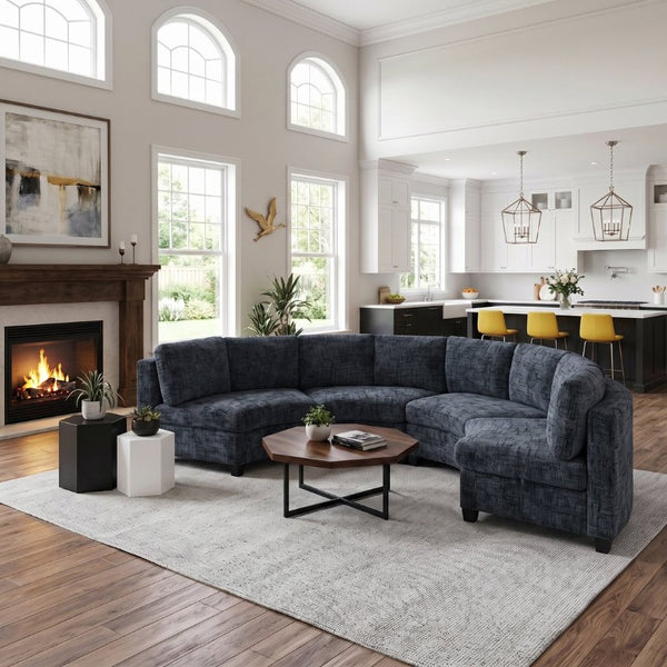 English Elm 4‑Seater Curved Modular Sectional with Chenille Upholstery and Solid Wood Frame Black W680S00242