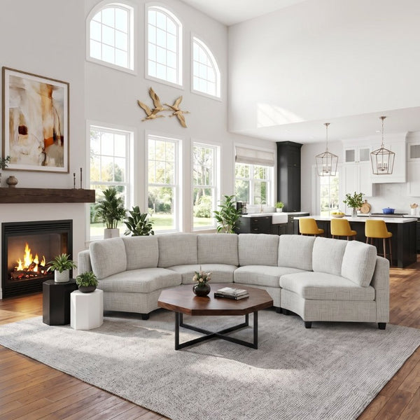 English Elm 4‑Seater Curved Modular Sectional with Chenille Upholstery and Solid Wood Frame Beige W680S00243