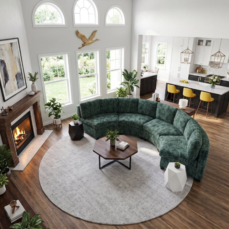 English Elm 4‑Seater Curved Modular Chenille Sectional with Solid Wood Frame for Spacious Living Rooms 4-Seater Green Standard W680S00244