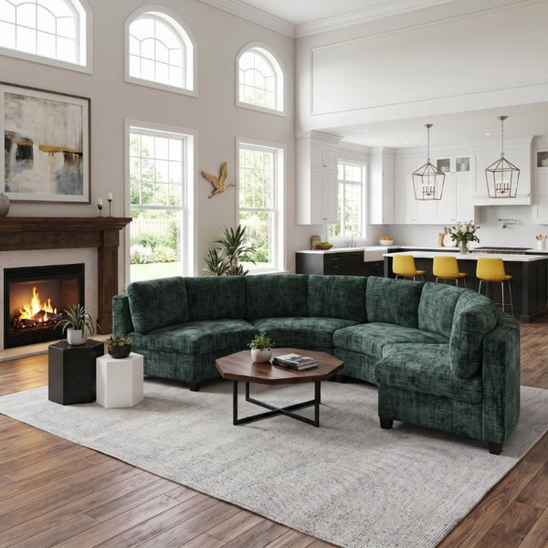 English Elm 4‑Seater Curved Modular Chenille Sectional with Solid Wood Frame for Spacious Living Rooms 4-Seater Green Standard W680S00244