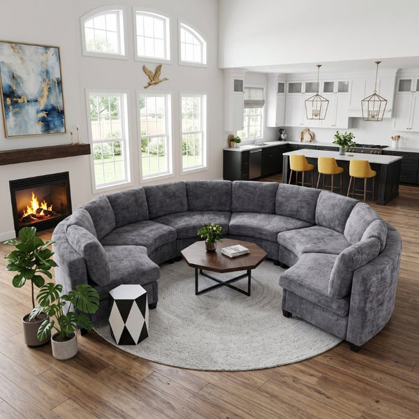 English Elm 4‑Seater Curved Modular Chenille Sectional with Solid Wood Frame for Spacious Living Rooms 6-Seater Dark Gray Standard W680S00245