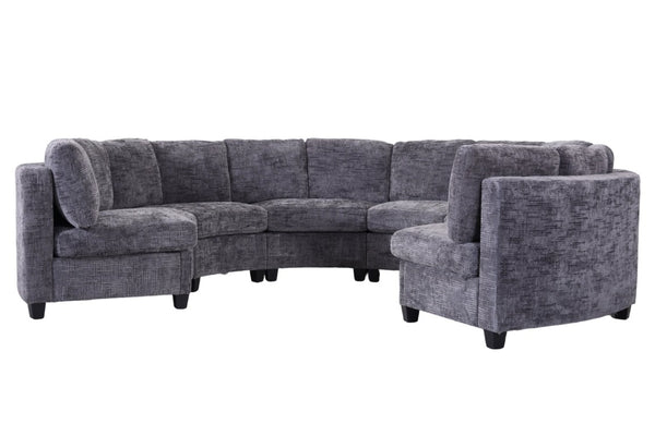 English Elm 4‑Seater Curved Modular Chenille Sectional with Solid Wood Frame for Spacious Living Rooms 6-Seater Dark Gray Standard W680S00245