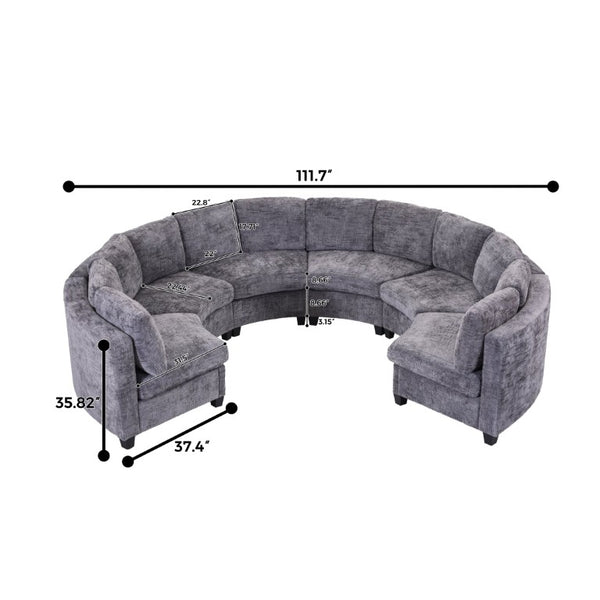 English Elm 4‑Seater Curved Modular Chenille Sectional with Solid Wood Frame for Spacious Living Rooms 6-Seater Dark Gray Standard W680S00245