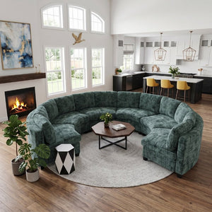 English Elm 4‑Seater Curved Modular Chenille Sectional with Solid Wood Frame for Spacious Living Rooms 6-Seater Green Standard W680S00246