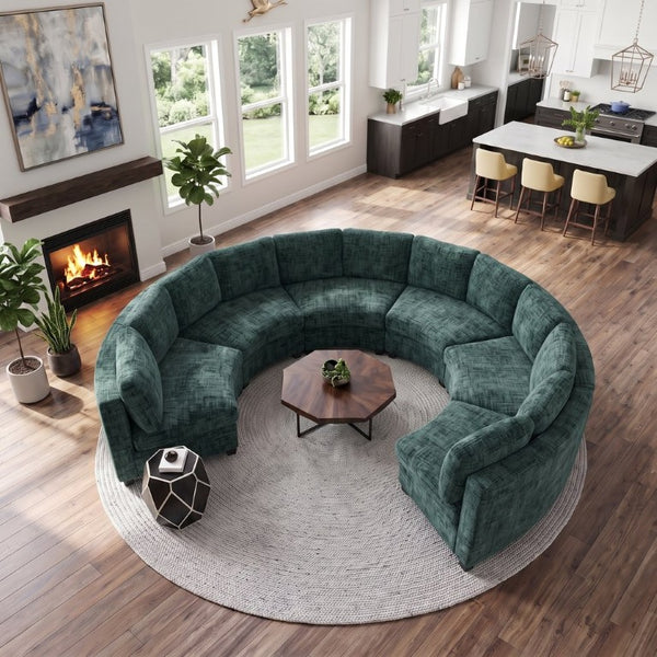 English Elm 4‑Seater Curved Modular Chenille Sectional with Solid Wood Frame for Spacious Living Rooms 6-Seater Green Standard W680S00246