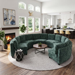 English Elm 4‑Seater Curved Modular Chenille Sectional with Solid Wood Frame for Spacious Living Rooms 6-Seater Green Standard W680S00246