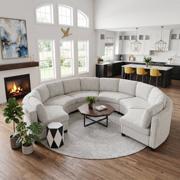 English Elm 4‑Seater Curved Modular Chenille Sectional with Solid Wood Frame for Spacious Living Rooms 6-Seater Beige Standard W680S00247