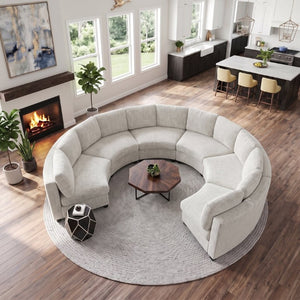 English Elm 4‑Seater Curved Modular Chenille Sectional with Solid Wood Frame for Spacious Living Rooms 6-Seater Beige Standard W680S00247