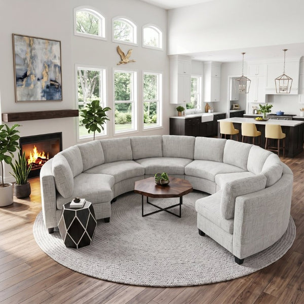 English Elm 4‑Seater Curved Modular Chenille Sectional with Solid Wood Frame for Spacious Living Rooms 6-Seater Beige Standard W680S00247