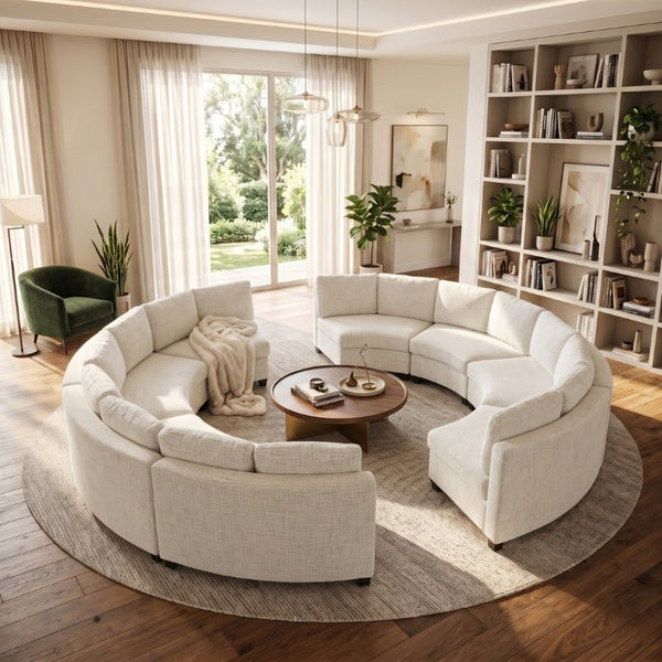 English Elm 6‑Seater Curved Modular Sectional with Chenille Upholstery and Solid Wood Frame 8-Seater Beige Standard W680S00249