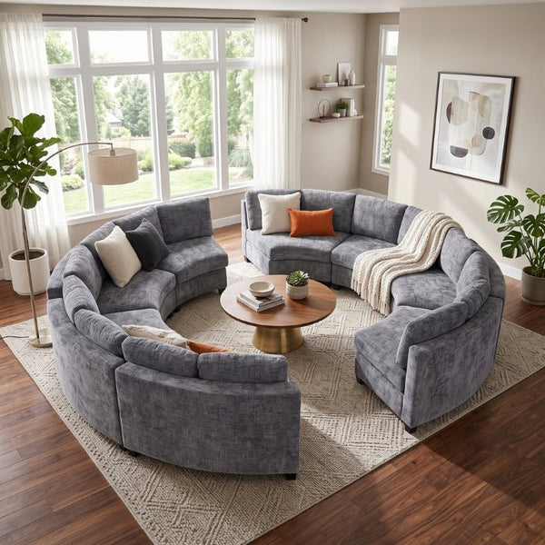 English Elm 6‑Seater Curved Modular Sectional with Chenille Upholstery and Solid Wood Frame 8-Seater Dark Gray Standard W680S00250