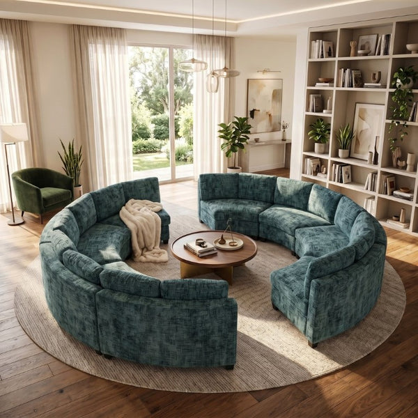 English Elm 6‑Seater Curved Modular Sectional with Chenille Upholstery and Solid Wood Frame 8-Seater Green Standard W680S00251
