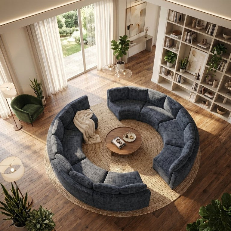 English Elm 8‑Seater Curved Modular Sectional in Chenille with Solid Wood Frame for Large Living Rooms Black W680S00252