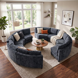 English Elm 8‑Seater Curved Modular Sectional in Chenille with Solid Wood Frame for Large Living Rooms Black W680S00252