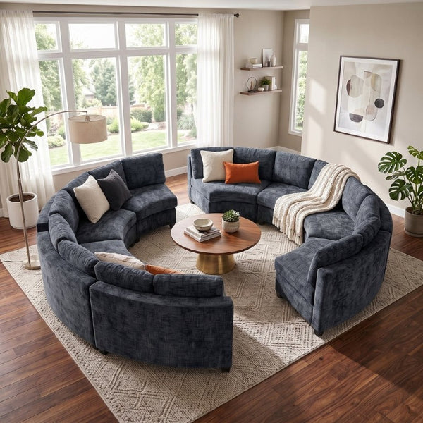 English Elm 8‑Seater Curved Modular Sectional in Chenille with Solid Wood Frame for Large Living Rooms Black W680S00252