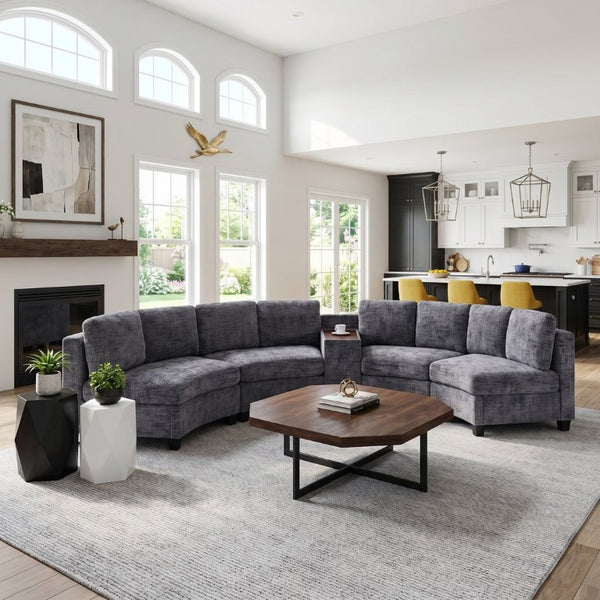 English Elm 8‑Seater Curved Modular Sectional in Chenille with Solid Wood Frame for Large Living Rooms Dark Gray W680S00253