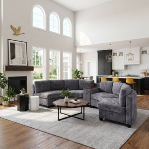 English Elm 8‑Seater Curved Modular Sectional in Chenille with Solid Wood Frame for Large Living Rooms Dark Gray W680S00253
