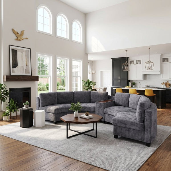 English Elm 8‑Seater Curved Modular Sectional in Chenille with Solid Wood Frame for Large Living Rooms Dark Gray W680S00253