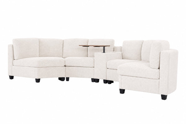 English Elm 4‑Seater Curved Modular Chenille Sectional with Solid Wood Frame for Spacious Living Rooms 4-Seater Beige With Storage Console W680S00254