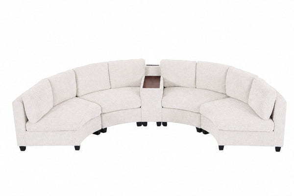 English Elm 4‑Seater Curved Modular Chenille Sectional with Solid Wood Frame for Spacious Living Rooms 4-Seater Beige With Storage Console W680S00254