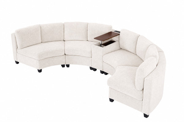 English Elm 4‑Seater Curved Modular Chenille Sectional with Solid Wood Frame for Spacious Living Rooms 4-Seater Beige With Storage Console W680S00254