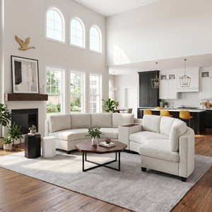 English Elm 4‑Seater Curved Modular Chenille Sectional with Solid Wood Frame for Spacious Living Rooms 4-Seater Beige With Storage Console W680S00254