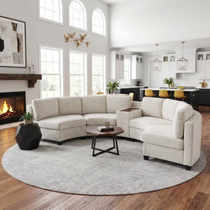 English Elm 4‑Seater Curved Modular Chenille Sectional with Solid Wood Frame for Spacious Living Rooms 4-Seater Beige With Storage Console W680S00254