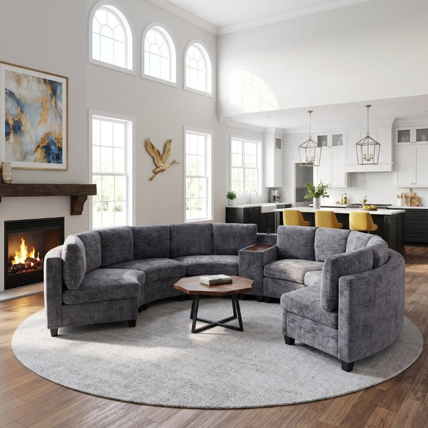 English Elm 4‑Seater Curved Modular Chenille Sectional with Solid Wood Frame for Spacious Living Rooms 6-Seater Dark Gray With Storage Console W680S00255
