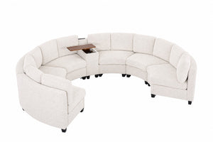 English Elm 6‑Seater Curved Modular Sectional with Chenille Upholstery and Solid Wood Frame 6-Seater Beige With Storage Console W680S00256