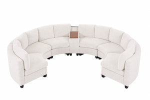 English Elm 6‑Seater Curved Modular Sectional with Chenille Upholstery and Solid Wood Frame 6-Seater Beige With Storage Console W680S00256