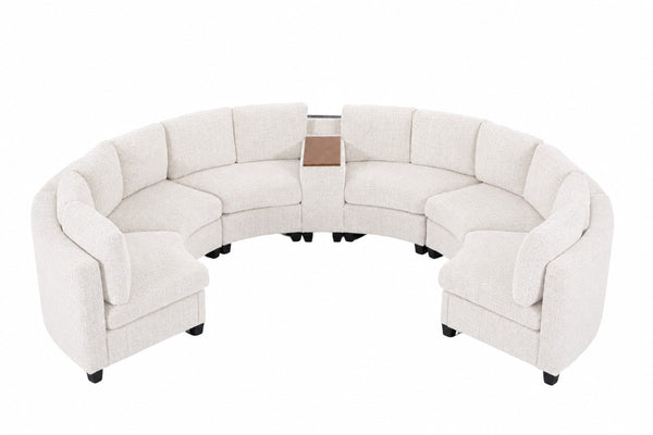 English Elm 6‑Seater Curved Modular Sectional with Chenille Upholstery and Solid Wood Frame 6-Seater Beige With Storage Console W680S00256