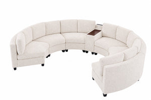 English Elm 6‑Seater Curved Modular Sectional with Chenille Upholstery and Solid Wood Frame 6-Seater Beige With Storage Console W680S00256
