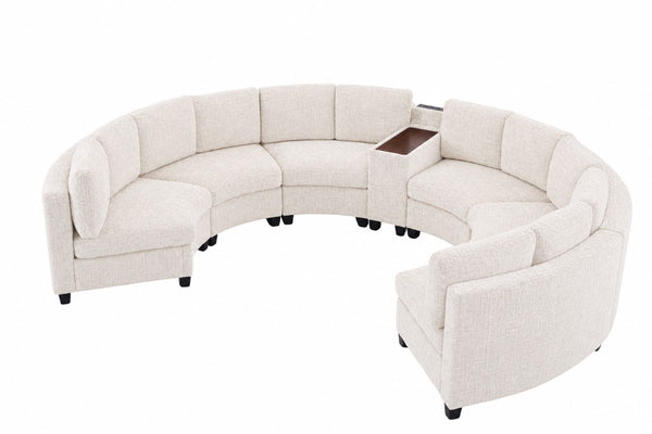 English Elm 6‑Seater Curved Modular Sectional with Chenille Upholstery and Solid Wood Frame 6-Seater Beige With Storage Console W680S00256