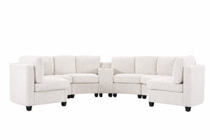 English Elm 6‑Seater Curved Modular Sectional with Chenille Upholstery and Solid Wood Frame 6-Seater Beige With Storage Console W680S00256