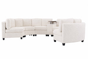 English Elm 6‑Seater Curved Modular Sectional with Chenille Upholstery and Solid Wood Frame 6-Seater Beige With Storage Console W680S00256