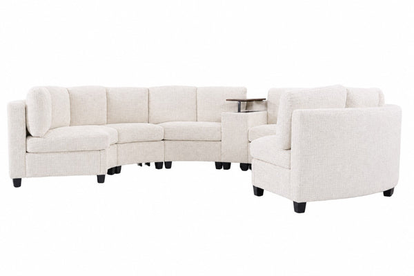 English Elm 6‑Seater Curved Modular Sectional with Chenille Upholstery and Solid Wood Frame 6-Seater Beige With Storage Console W680S00256