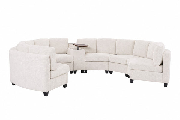 English Elm 6‑Seater Curved Modular Sectional with Chenille Upholstery and Solid Wood Frame 6-Seater Beige With Storage Console W680S00256
