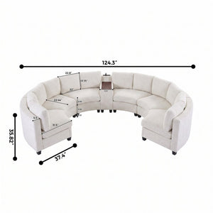 English Elm 6‑Seater Curved Modular Sectional with Chenille Upholstery and Solid Wood Frame 6-Seater Beige With Storage Console W680S00256