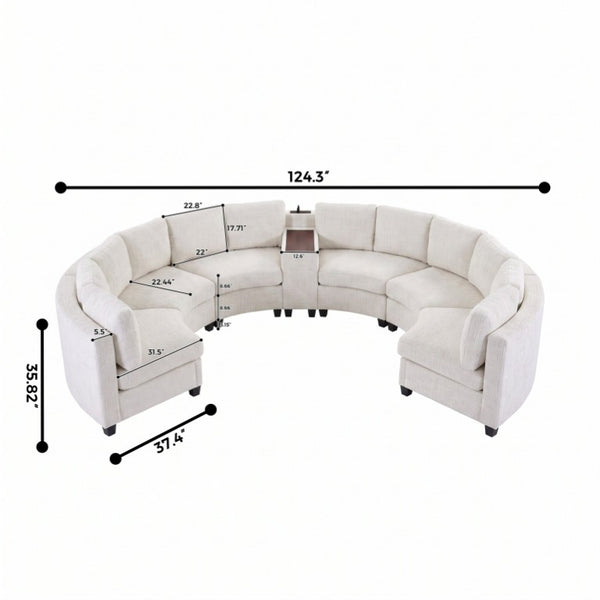 English Elm 6‑Seater Curved Modular Sectional with Chenille Upholstery and Solid Wood Frame 6-Seater Beige With Storage Console W680S00256