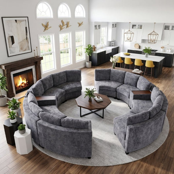English Elm 6‑Seater Curved Modular Sectional with Chenille Upholstery and Solid Wood Frame 8-Seater Dark Gray With Storage Console W680S00257