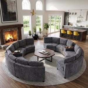 English Elm 6‑Seater Curved Modular Sectional with Chenille Upholstery and Solid Wood Frame 8-Seater Dark Gray With Storage Console W680S00257