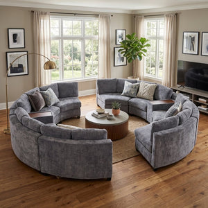 English Elm 6‑Seater Curved Modular Sectional with Chenille Upholstery and Solid Wood Frame 8-Seater Dark Gray With Storage Console W680S00257