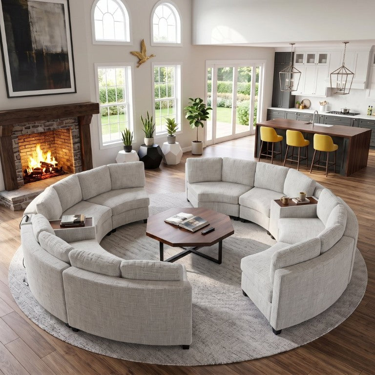 English Elm 8‑Seater Curved Chenille Modular Sectional with Charging Console for Living Room W680S00258