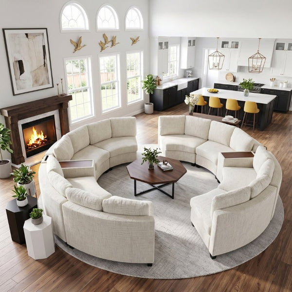 English Elm 8‑Seater Curved Chenille Modular Sectional with Charging Console for Living Room W680S00258