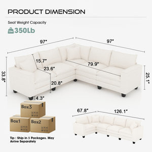 English Elm 97 Inch L Shaped Sectional Sofa with Armrest Storage Deep Cushion Living Room Couch W680S00259